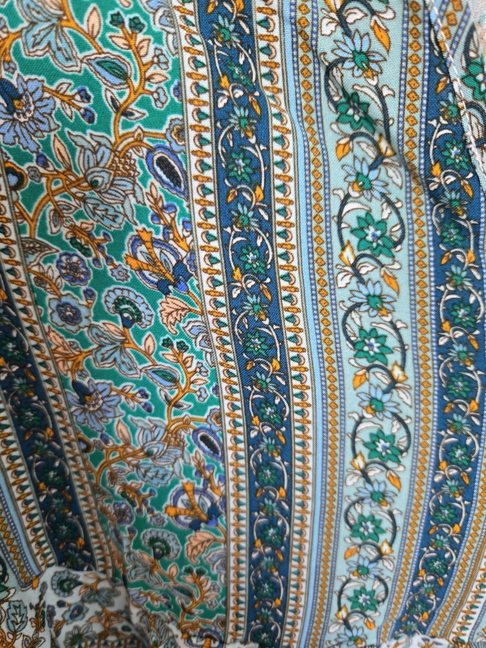 Bohemian Green Patterned Peasant Blouse With Puff Sleeves & Tassels V-neck SML - Picture 5 of 9
